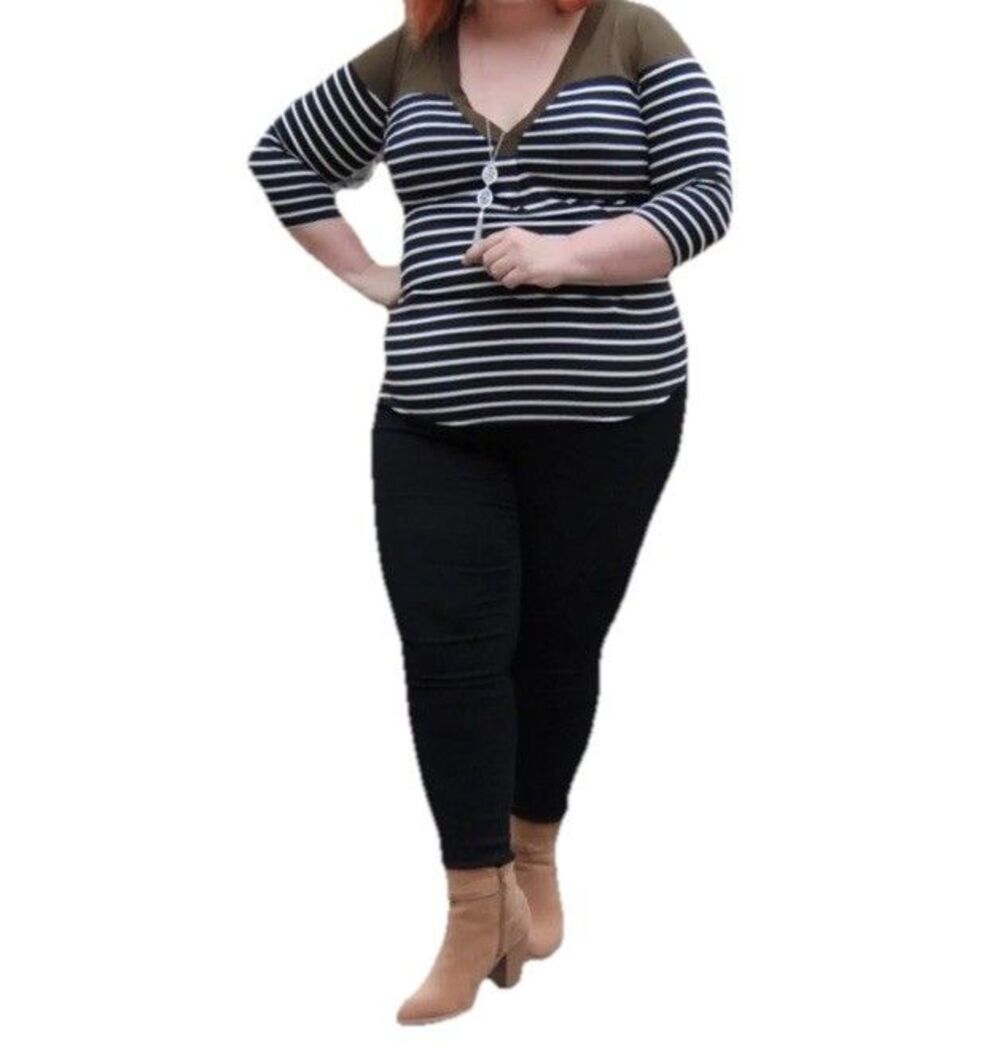 Meri Skye V Neck Knit Top Size 2x Stripes Olive Green Black Dia & Co - Picture 2 of 7